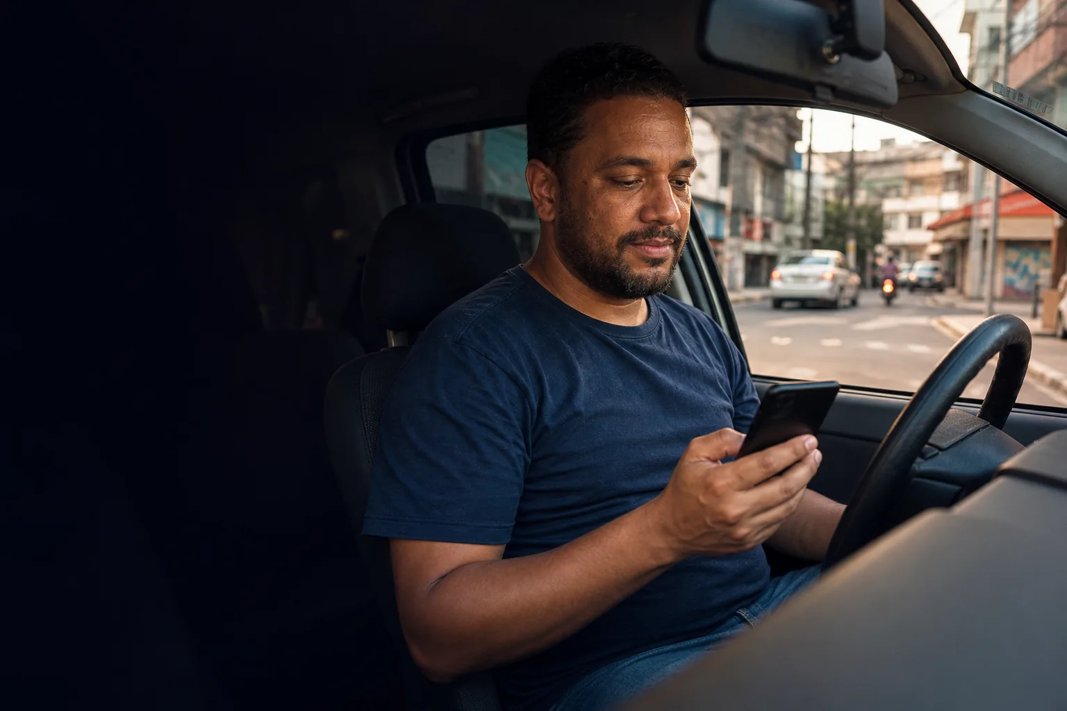 Motorista de aplicativo olhando os ganhos no celular dentro do carro
