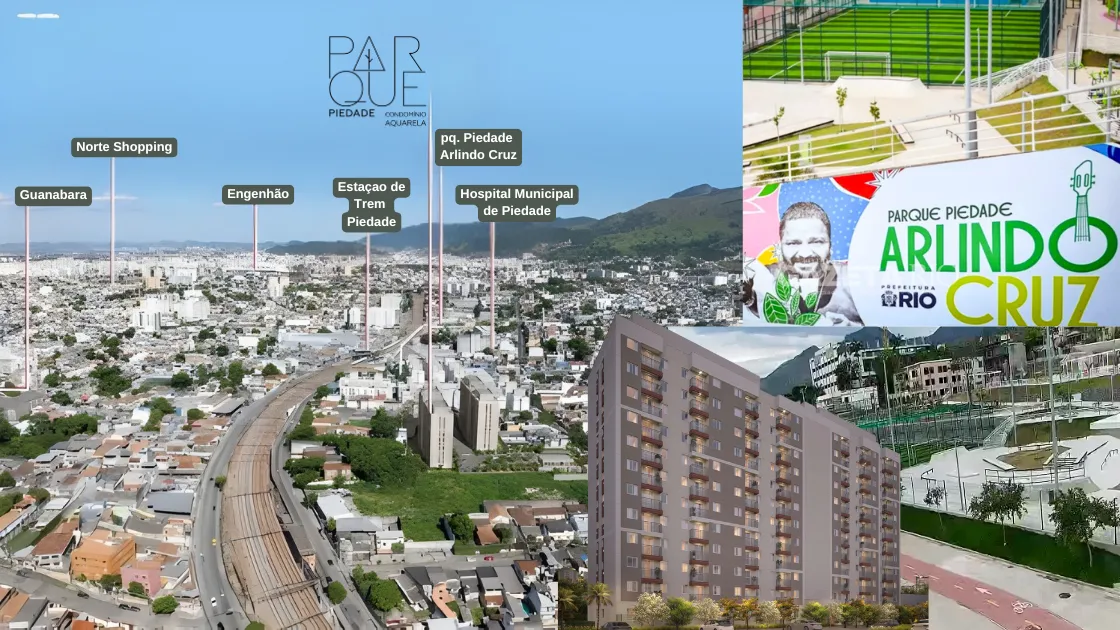 Mapa de localização do Parque Piedade Cury: terreno na Zona Norte do Rio de Janeiro com fachada do empreendimento e Parque Arlindo Cruz, próximo à Estação Piedade, Linha Amarela, Norte Shopping e comércio