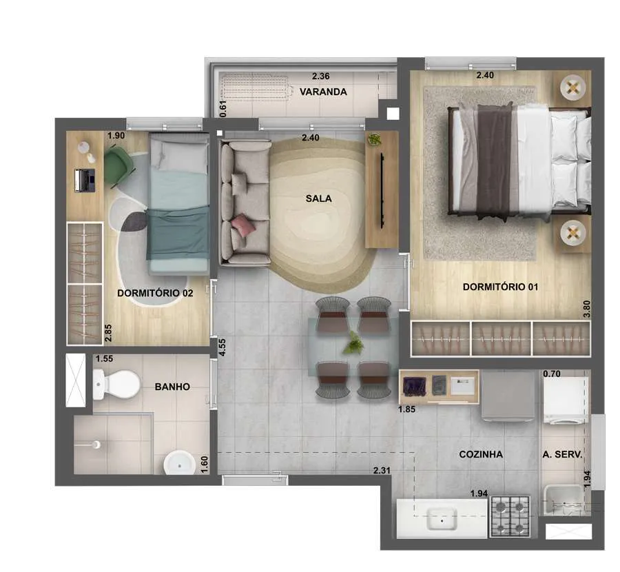 Planta de 2 quartos com varanda de 41 metros quadrados