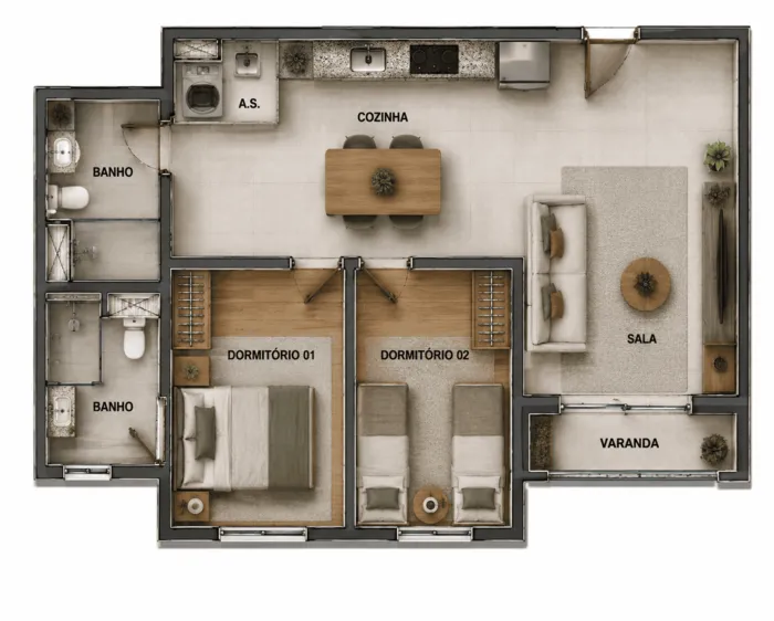 Planta de 2 quartos com suíte do Saudosa Praça Onze