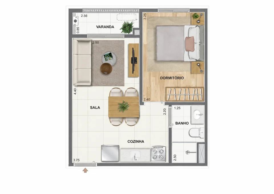 Planta ilustrativa de 1 quarto de outro empreendimento Cury, recortada somente como referência visual para o Nova Leopoldina