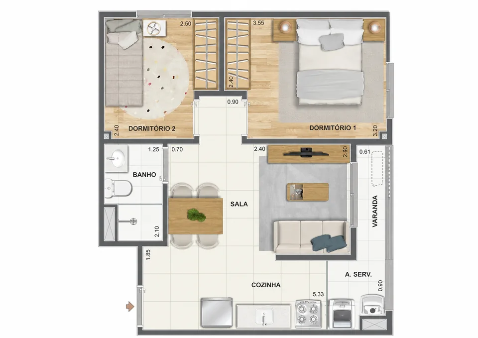 Planta ilustrativa de 2 quartos de outro empreendimento Cury, recortada somente como referência visual para o Nova Leopoldina