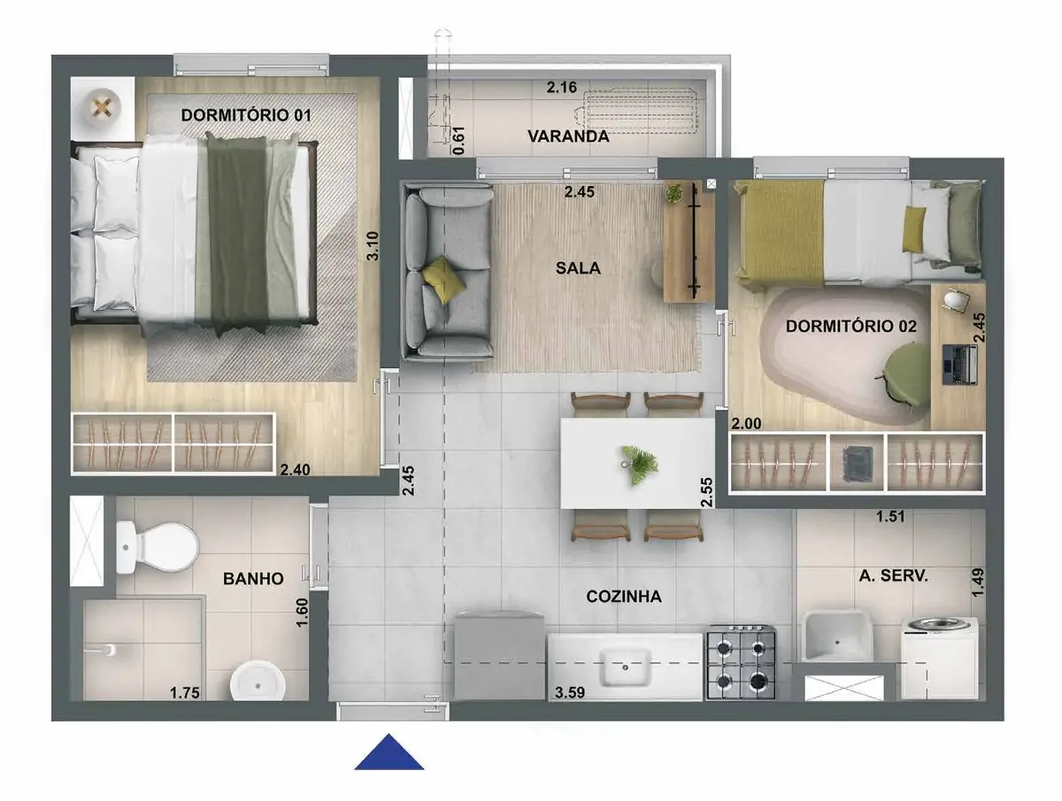 Planta oficial de 2 quartos com varanda e 35,60 metros quadrados do Nova Leopoldina