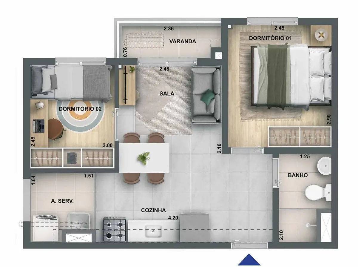 Planta oficial de 2 quartos com varanda e 37,76 metros quadrados do Nova Leopoldina