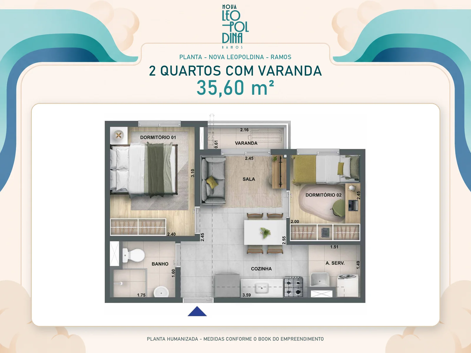 Planta diagramada de apartamento de 2 quartos com varanda e 35,60 metros quadrados do Nova Leopoldina