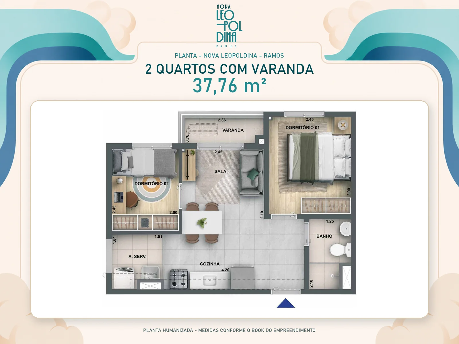 Planta diagramada de apartamento de 2 quartos com varanda e 37,76 metros quadrados do Nova Leopoldina