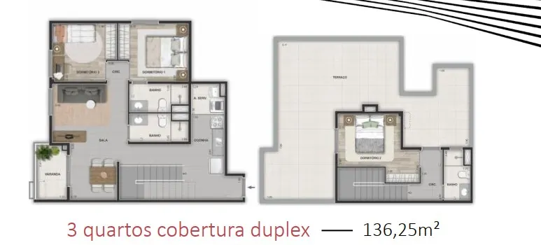 Planta da Cobertura Duplex 3 quartos — Américas 19 Recreio 136,25m²