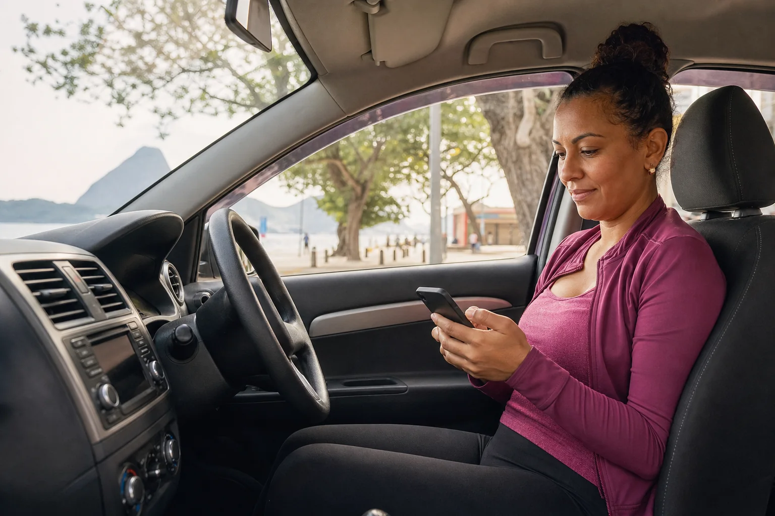 Mulher motorista conferindo a renda no celular