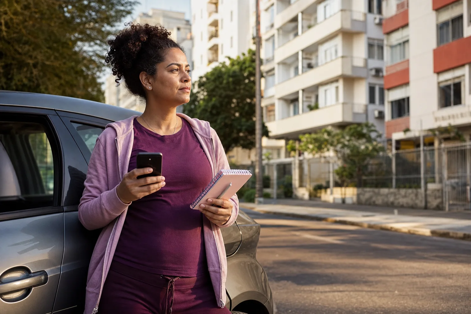 Mulher motorista planejando a renda pelo celular perto de prédios residenciais